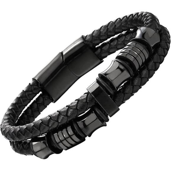Mens Double-Row Braided Leather Bracelet Bangle Wristband Stainless Steel - Picture 1 of 6